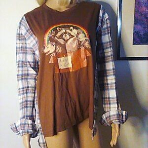 Top "Adopt A Cat" Top Soft Flannel Sleeves M-L Upcycled Reworked 1 of a Kind